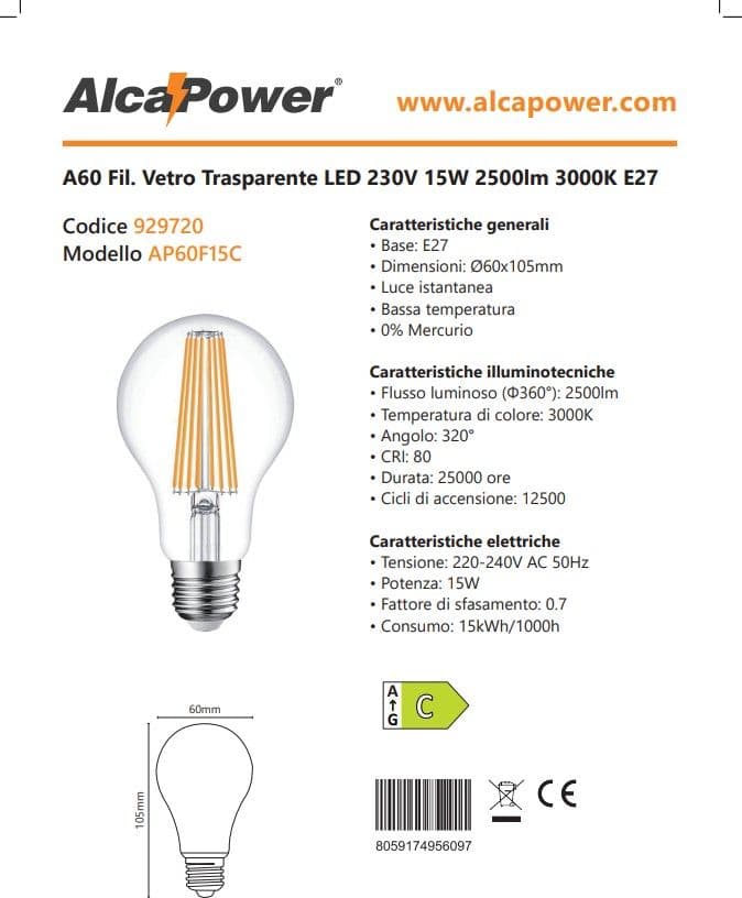 Alca Power A60 15W 220V 2500LM 3000K E27 lampada classica a filamento a led - 4
