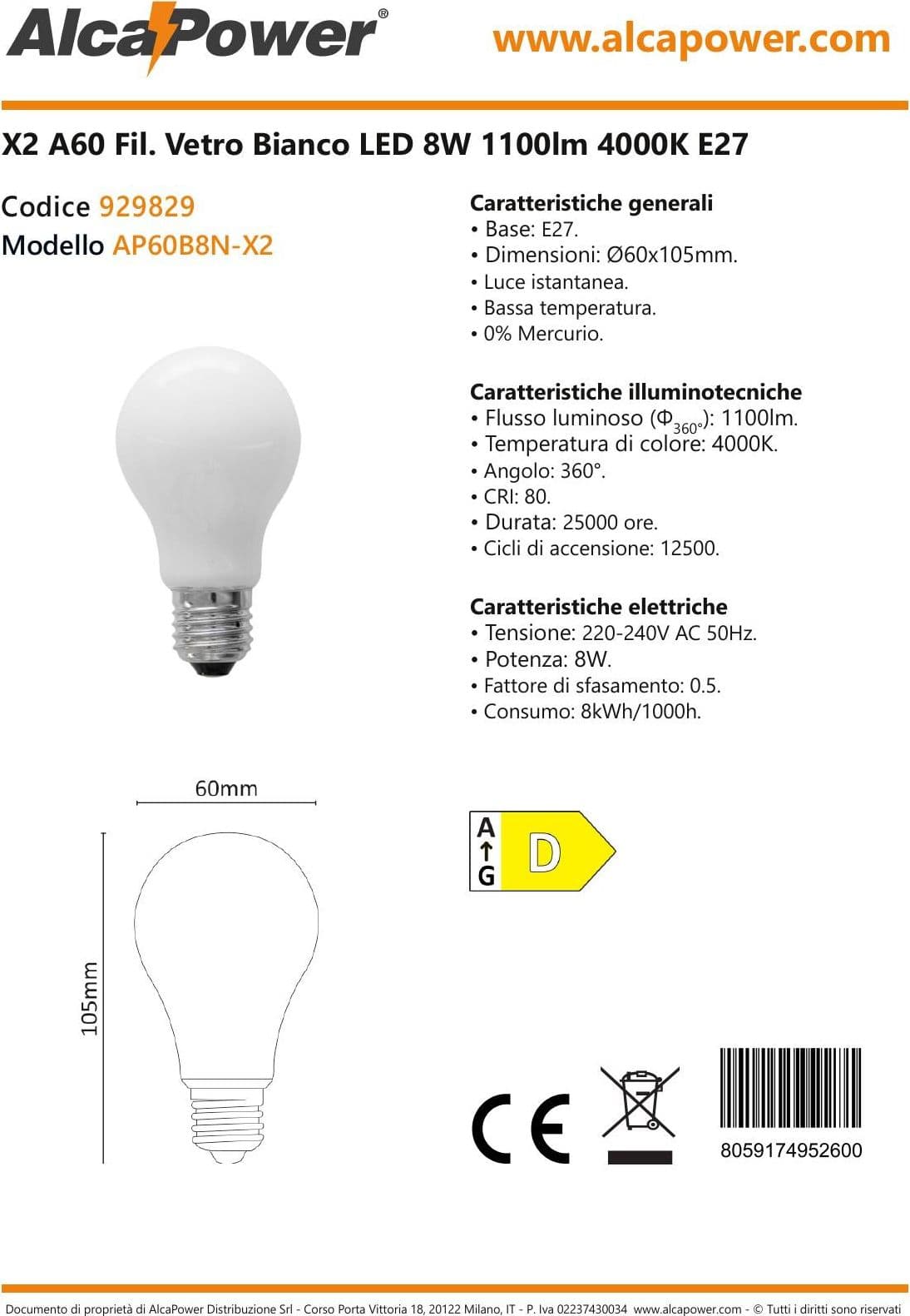 Alca Power A60 8W 220V 1100LM 4000K E27 lampada classica a led vetro bianco box da 2pz - 4
