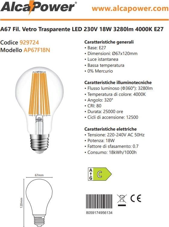 Alca Power A67 18W 220V 3280LM 4000K E27 lampada classica a filamento a led - 4