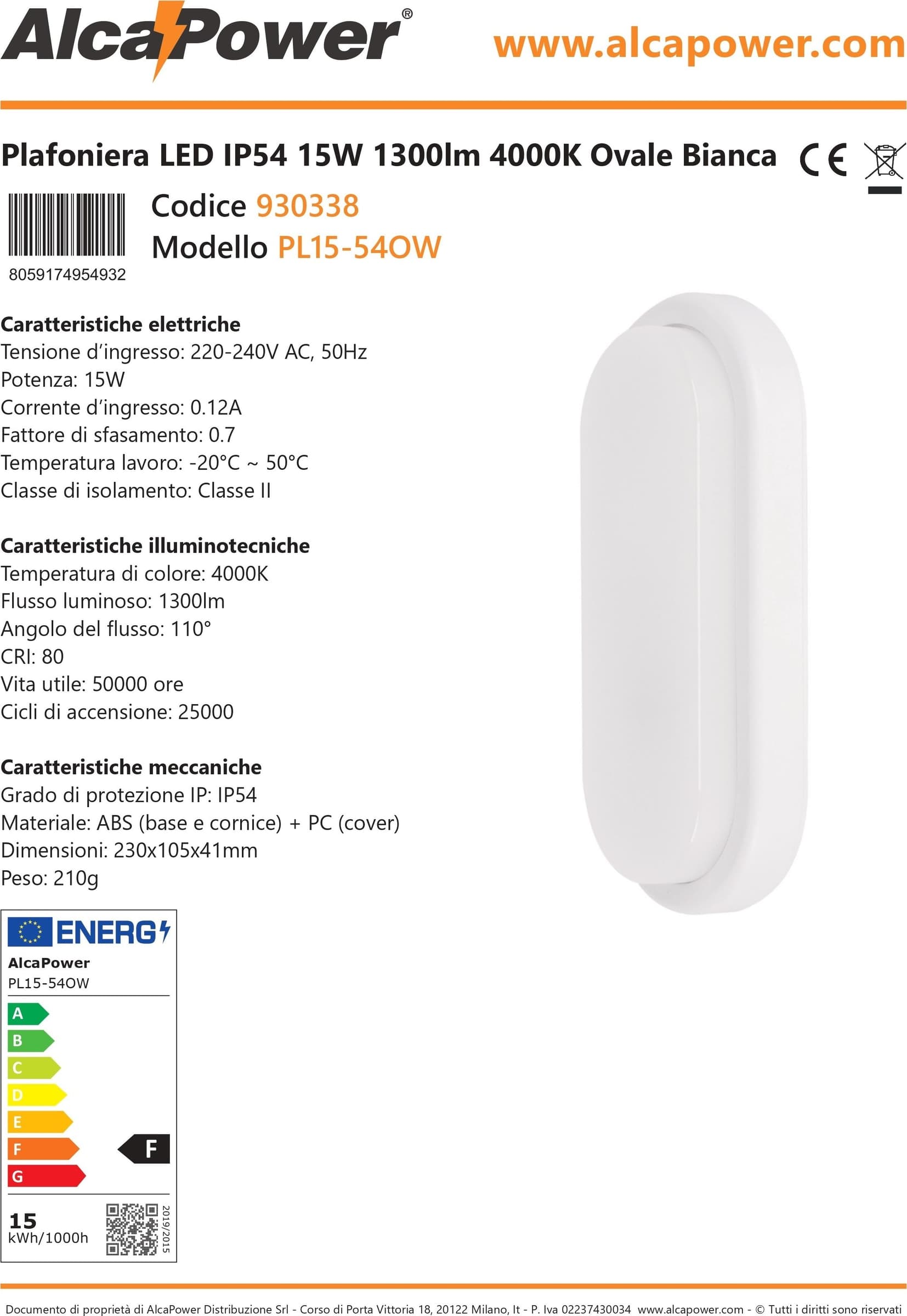Alca Power plafoniera led ovale 15W 1300lm IP65 - per esterni ed interni - 5