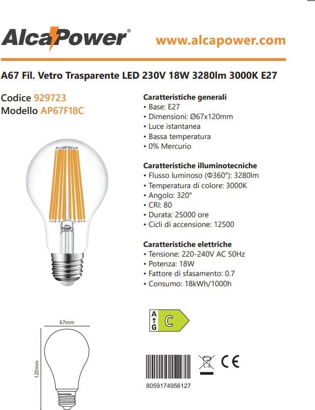 Alca Power A67 18W 220V 3280LM 3000K E27 lampada classica a filamento a led - 4