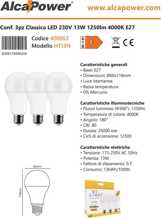 Alca Power A60 13W 175-250V 1250LM 4000K E27 lampada classica a led box da 3pz - 5