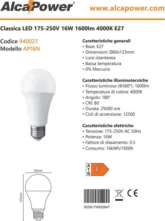 Alca Power A60 16W 175-250V 1600LM 4000K E27 lampada classica a led - 4