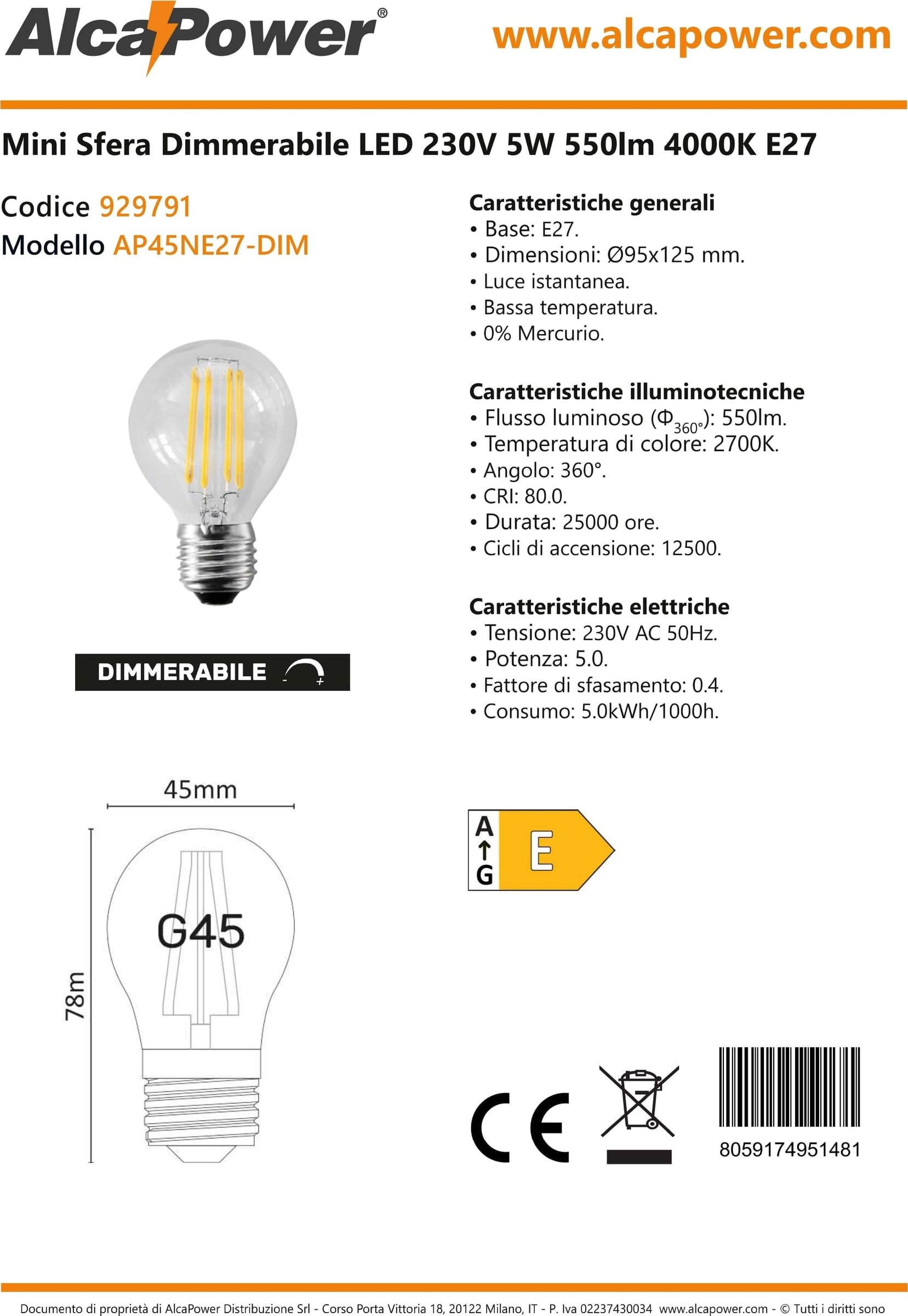 Alca Power G45 5W 220V 550LM 4000K E27 lampada mini sfera a filamento dimmerabile a led - 3