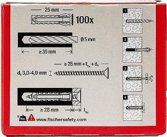 Fischer SX Plus 5mm tassello in nylon con espansione a 4 settori - 100pz - 5