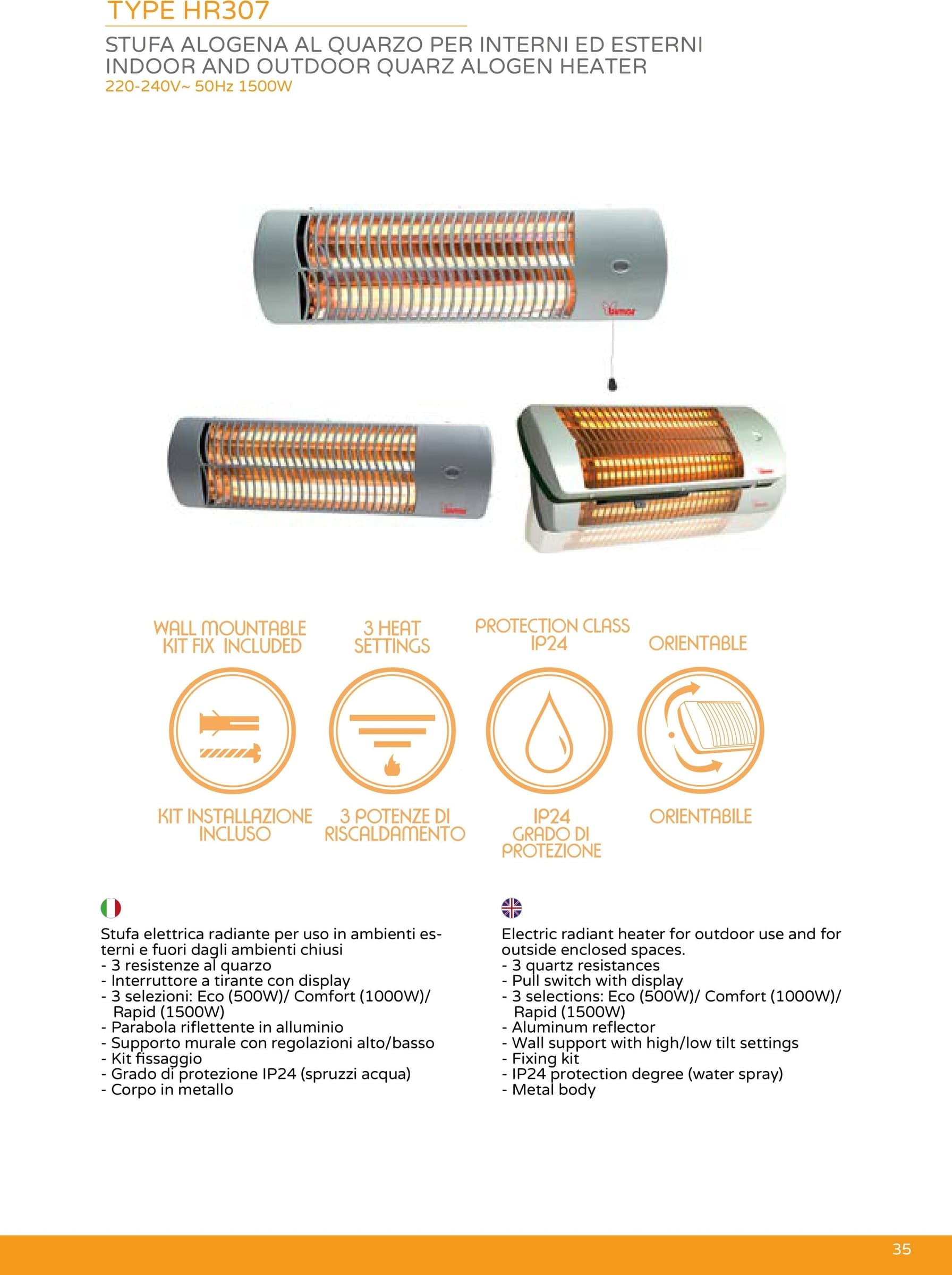 Bimar HR 307 stufa quarzo a parete 1500W - IP24 - 4