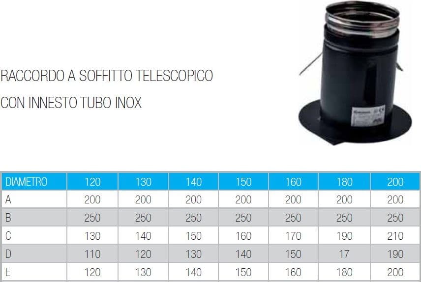 Raccordo a soffitto telescopico da 130mm con innesto per tubo inox per stufa a legna - 6