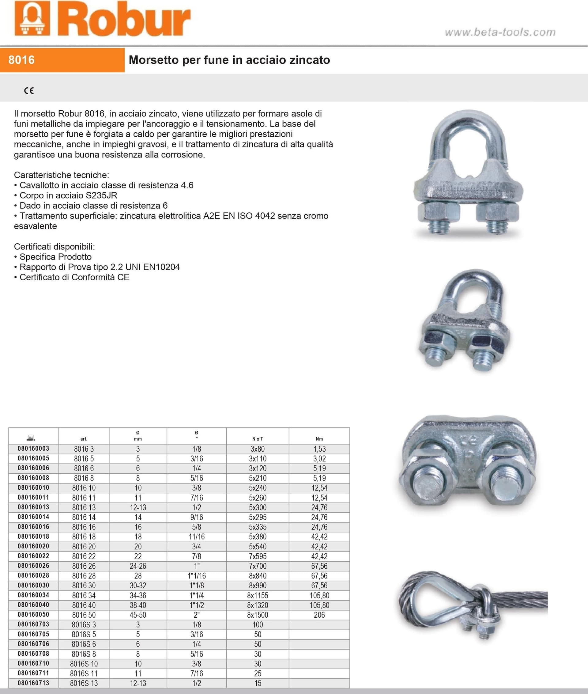 Robur morsetto zincato a cavallotto da 8mm per fune - 2pz - 5