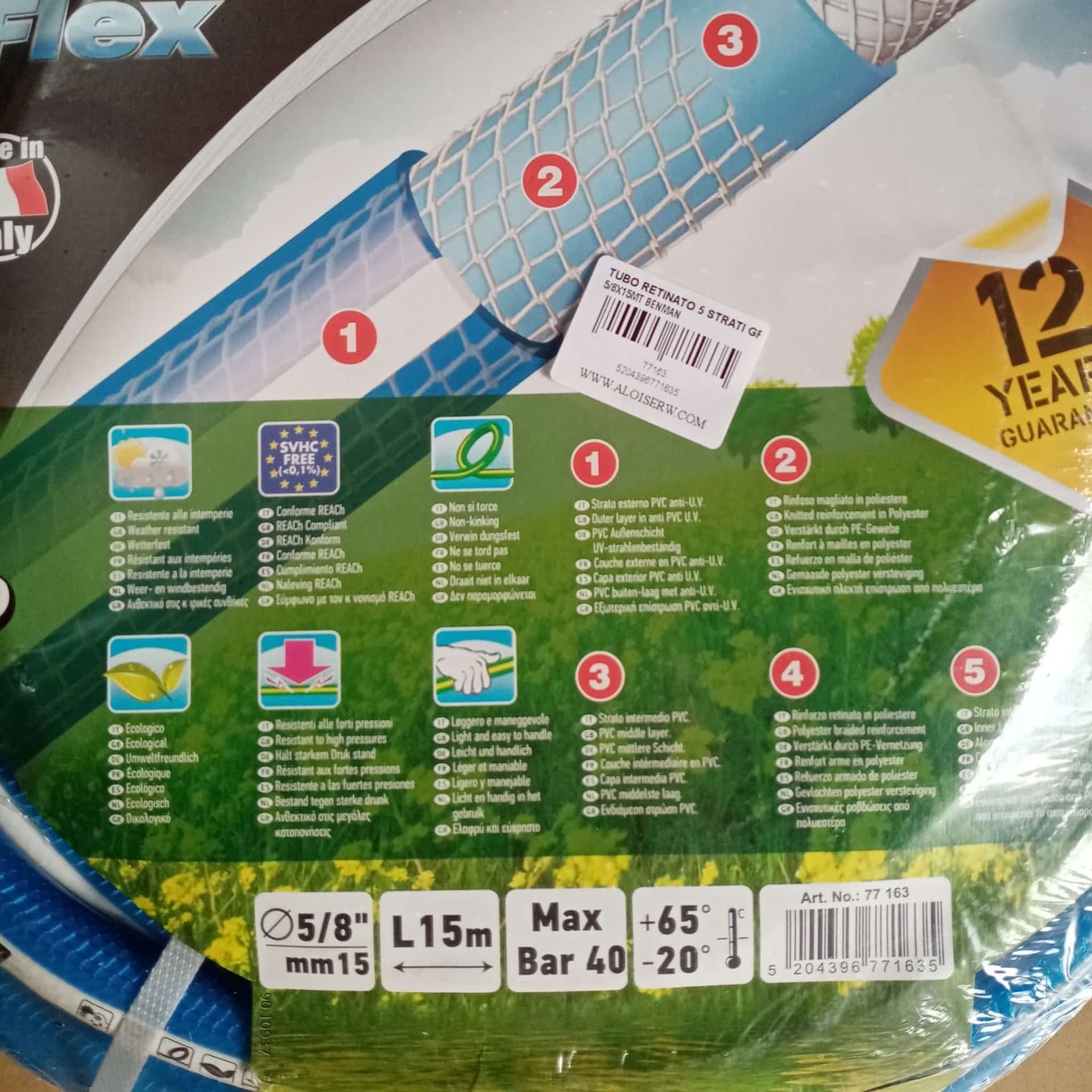 Benman tubo retinato 5/8" - 15mm da 15mt a 5 strati per giardino resiste a 40 bar - 3