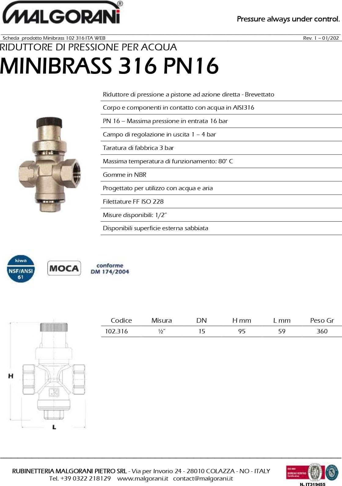 Malgorani 1/2" PN 16 FF AISI 316 riduttore di pressione per boiler - senza bocchettoni - 3