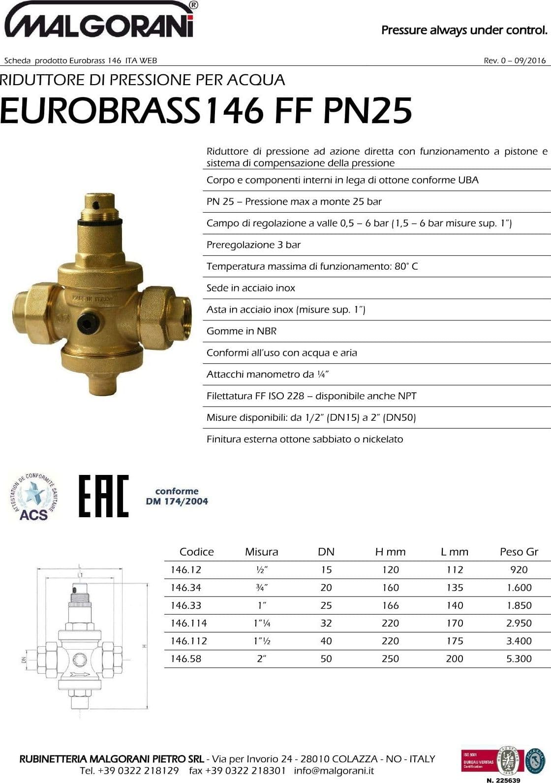 Malgorani 1" PN 25 riduttore di pressione per acqua e aria - con bocchettoni - 7