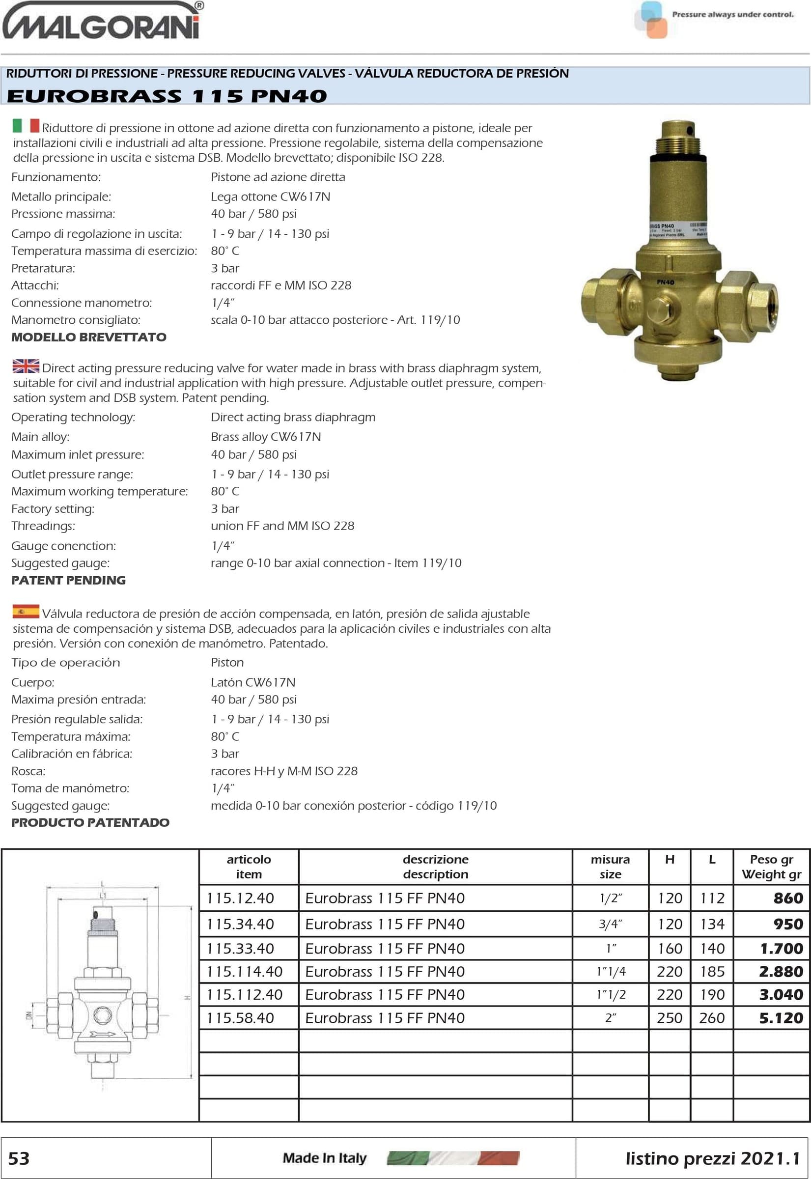 Malgorani 3/4" PN 40 riduttore di pressione per acqua e aria - con bocchettoni - 7