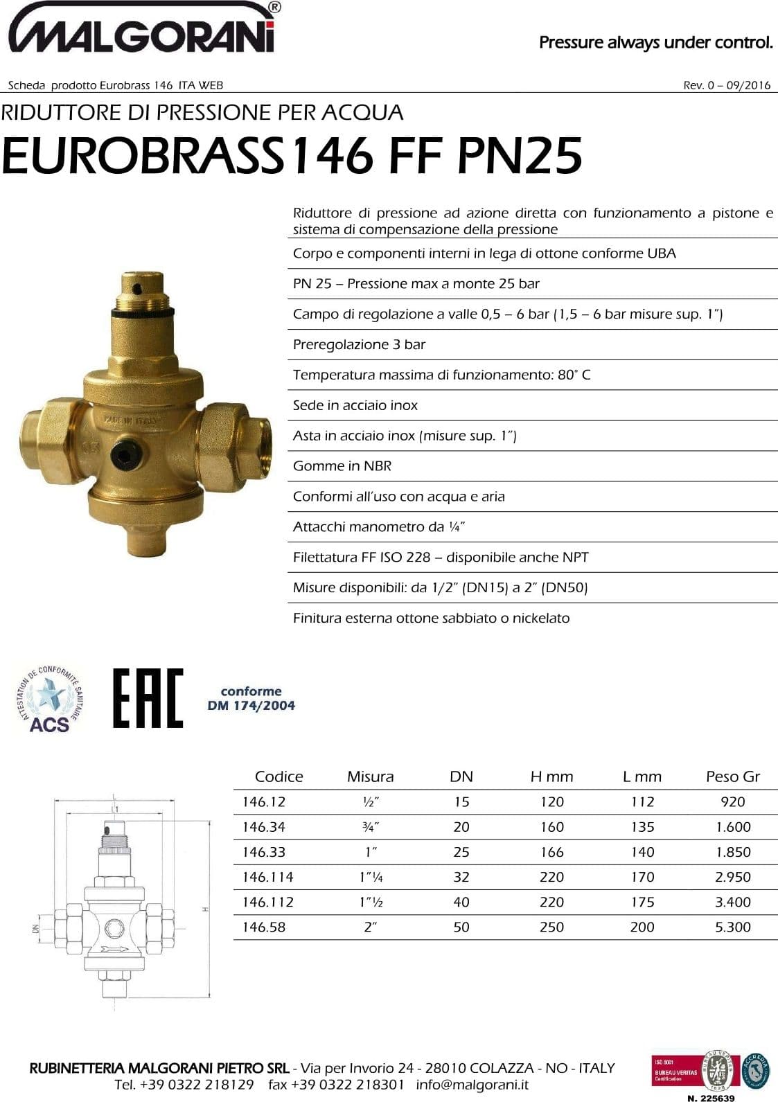Malgorani 3/4" PN 25 riduttore di pressione per acqua e aria - con bocchettoni - 7
