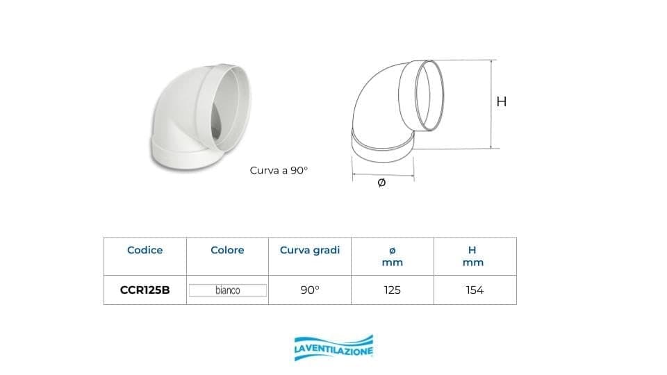 First 125mm a 90° curva semicurva gomito FF per tubi tondi aerazione cappa - 2