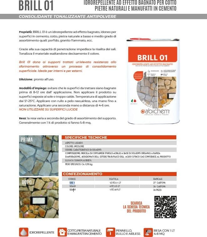 Abichem 1lt BRILL 01 idrorepellente ad effetto bagnato per cotto pietre naturali e manufatti in cemento - 4