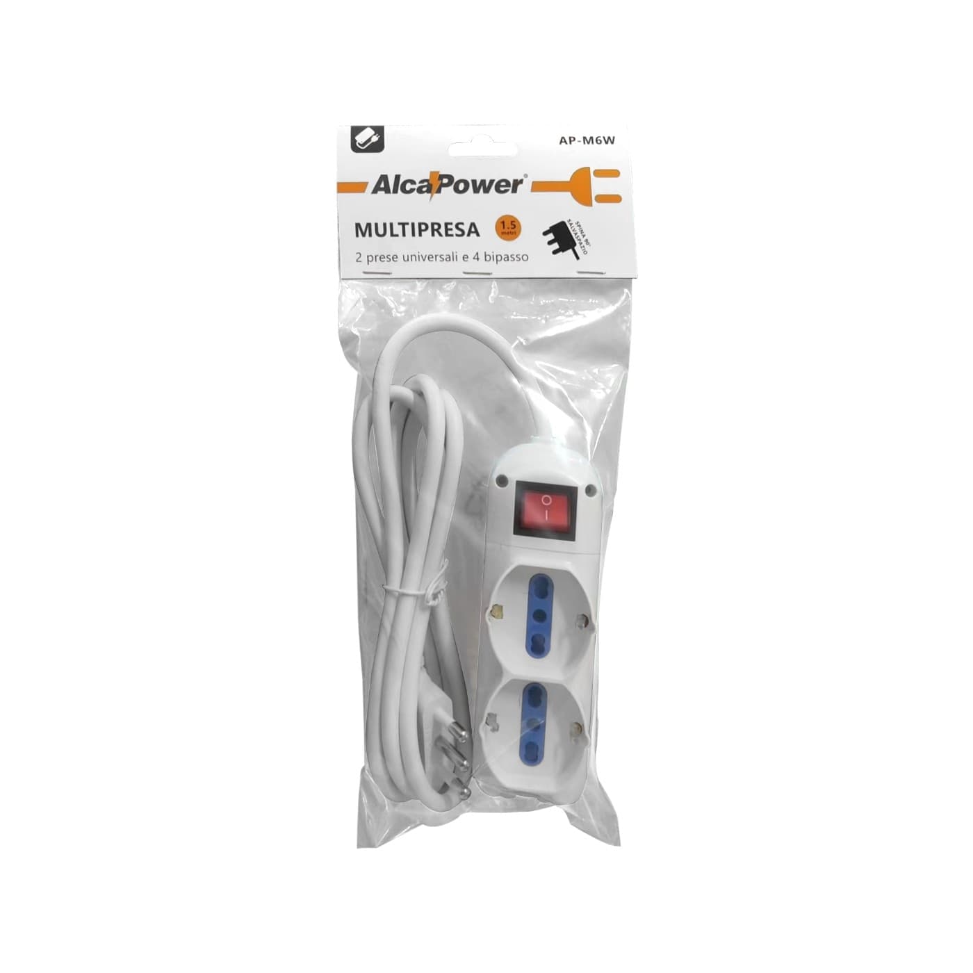 Alca Power multipresa bianca con 4 bipasso + 2 universali con spina a 90° cavo da 1,5mt con interruttore - 3