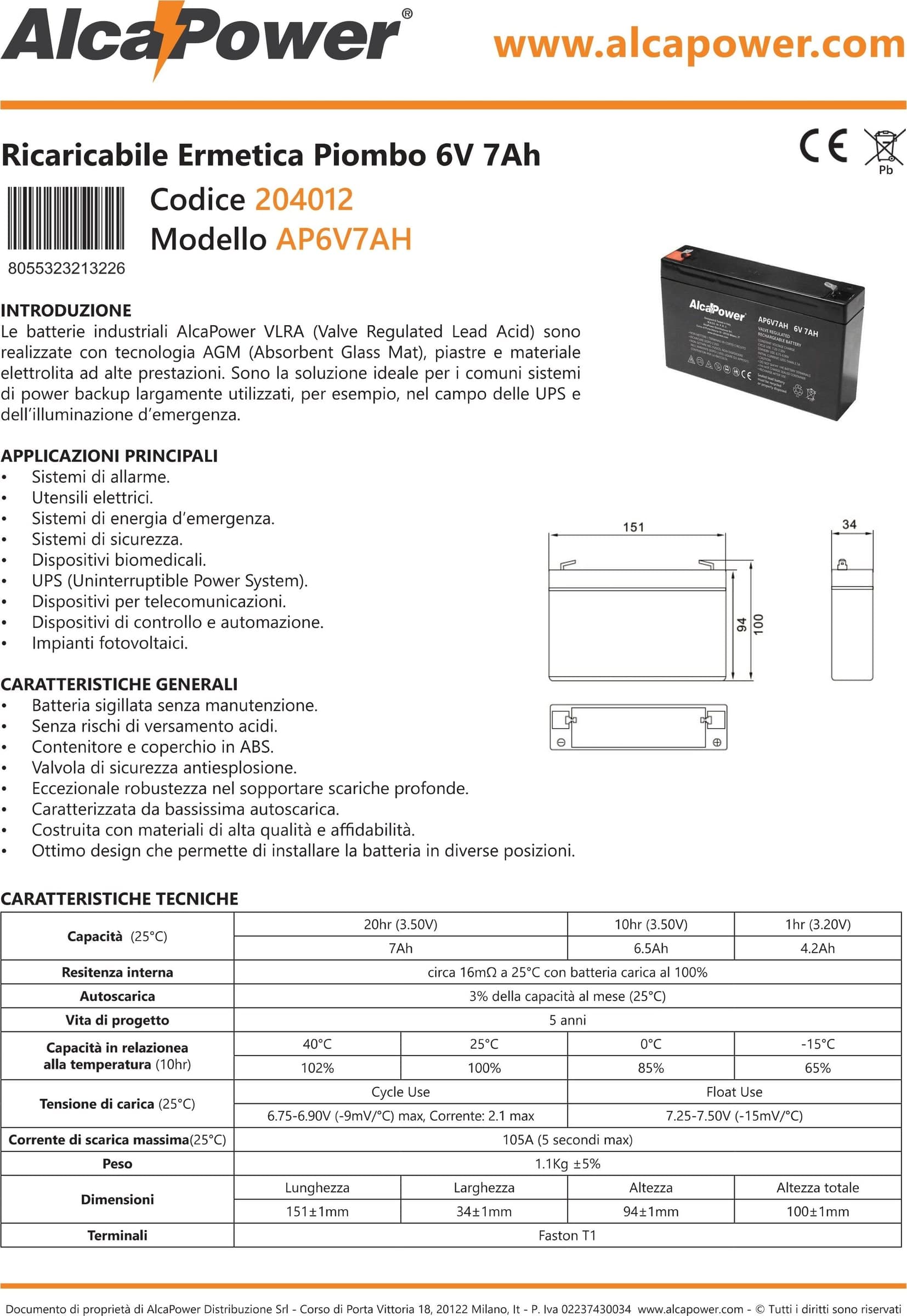Alca Power batteria al piombo da 6V 7Ah ricaricabile per UPS e illuminazione di emergenza - 3