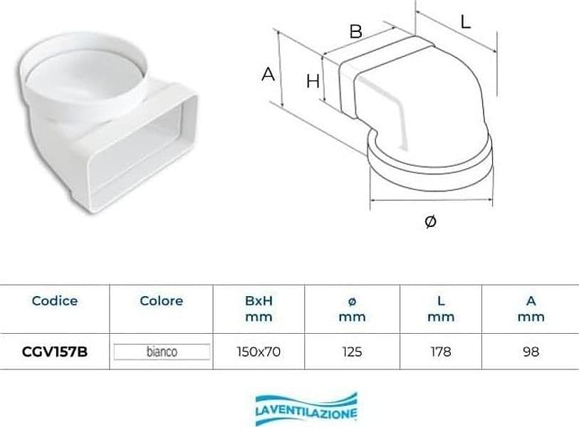 First 125 - 150x70mm a 90° curva gomito verticale FF per tubi aerazione cappa - 2