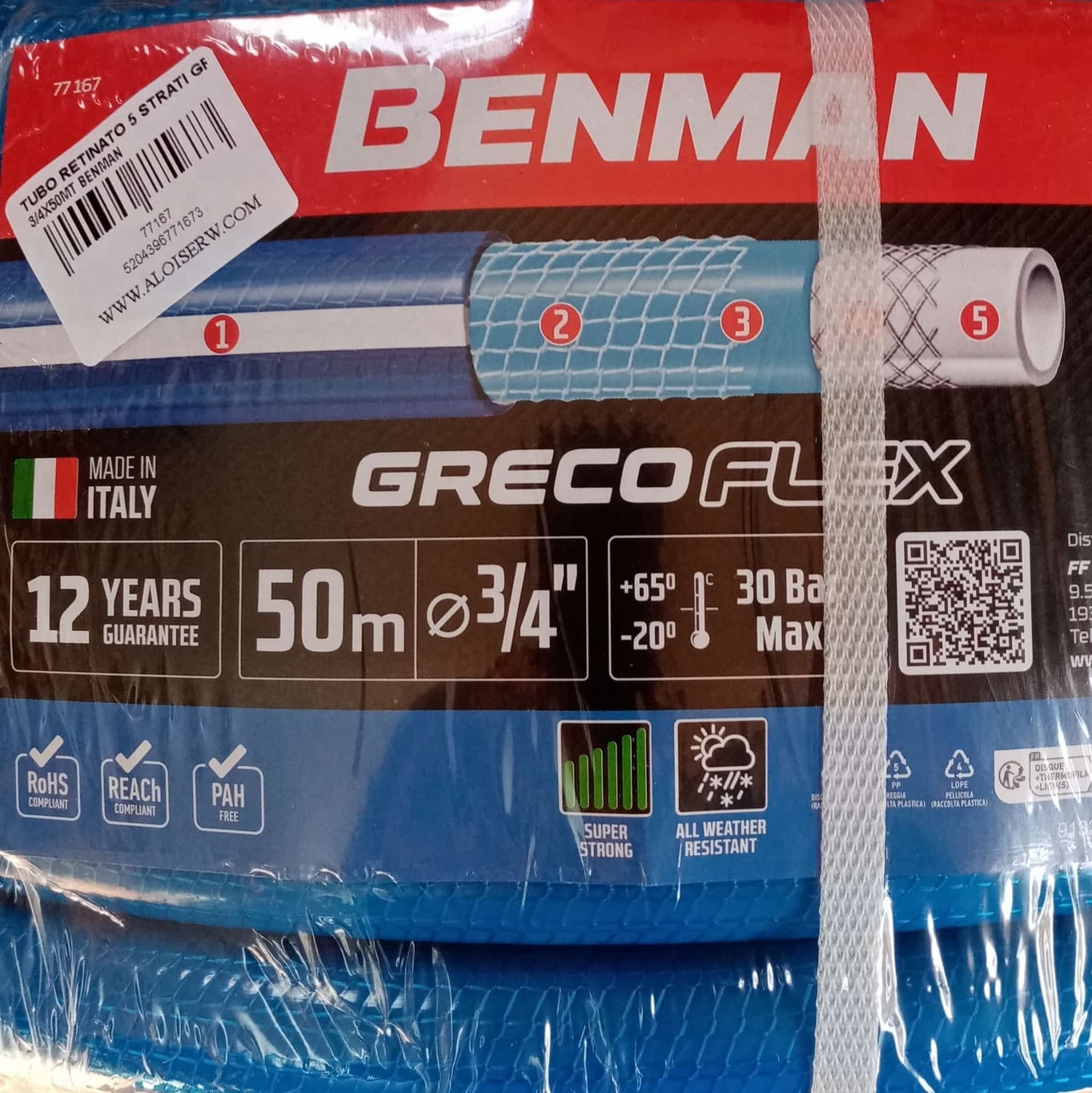 Benman tubo retinato 3/4" - 19mm da 50mt a 5 strati per giardino resiste a 30 bar - 3