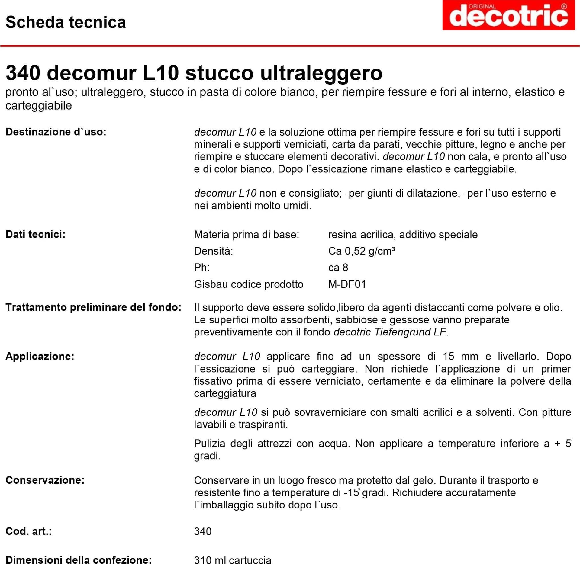 Decomur L10 310ml stucco bianco in cartuccia ultraleggero pronto all'uso - 5