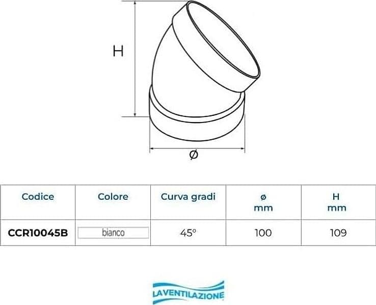 First 100mm a 45° curva semicurva gomito FF per tubi tondi aerazione cappa - 2