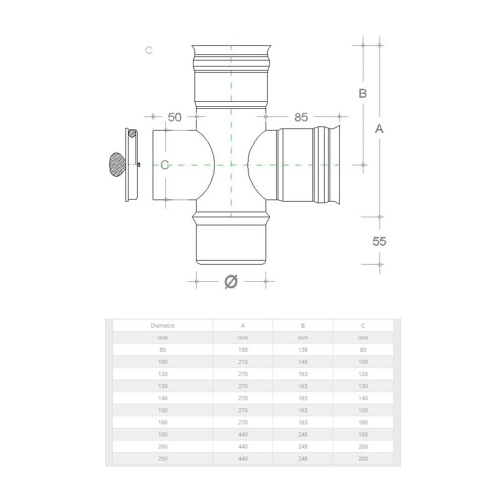 Raccordo a T da 140mm in acciaio inox croce con ispezione 5 decimi AISI 304 - 5