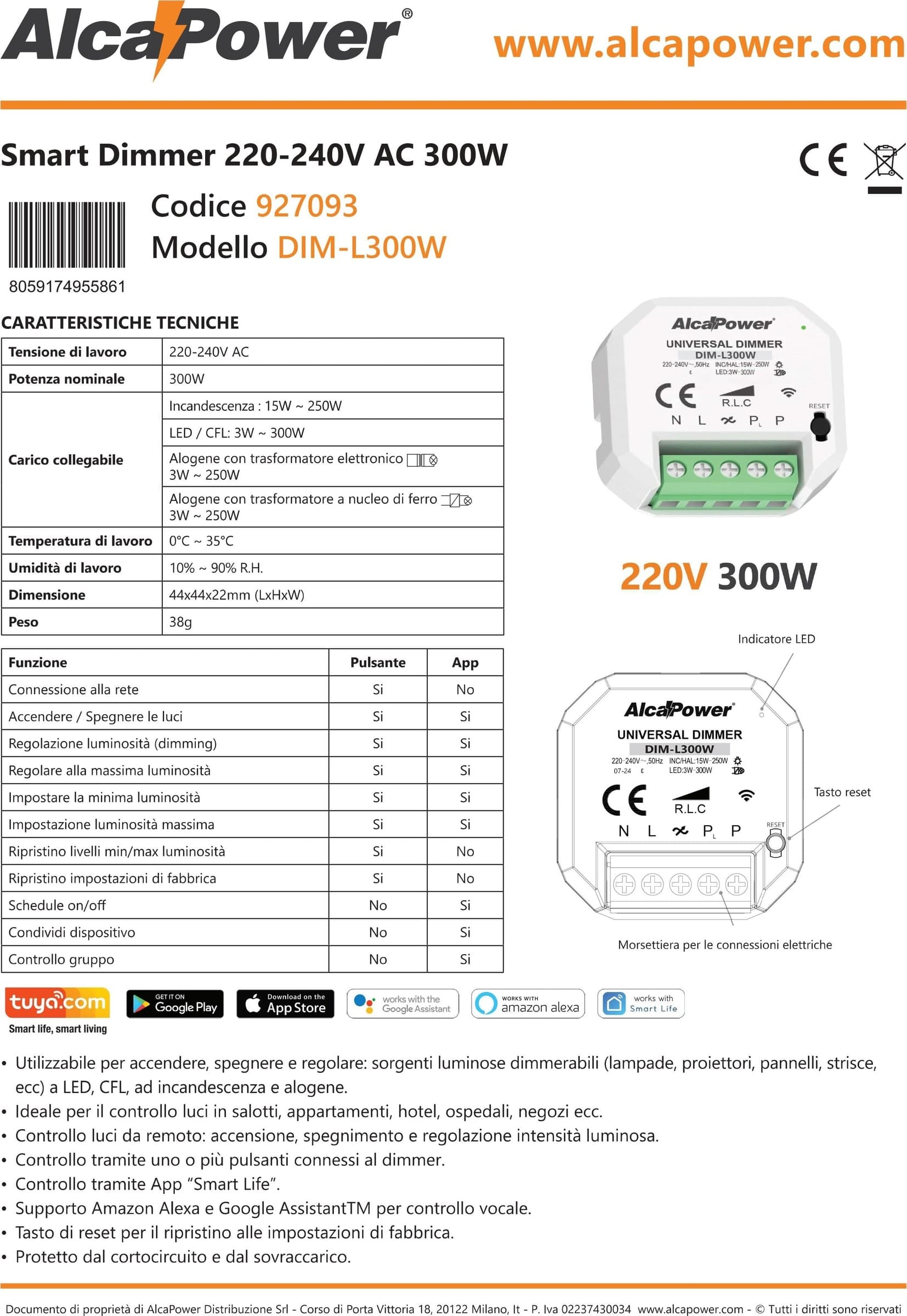 Alca Power smart led dimmer 220-240V potenza nominale 300W per lampade LED, CFL, ad incandescenza e alogene - 4