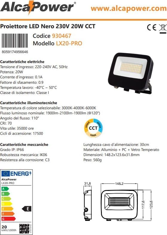 Alca Power LX20-PRO proiettore led da 20W a 220-240V temperatura di colore e flusso luminoso regolabile - 4