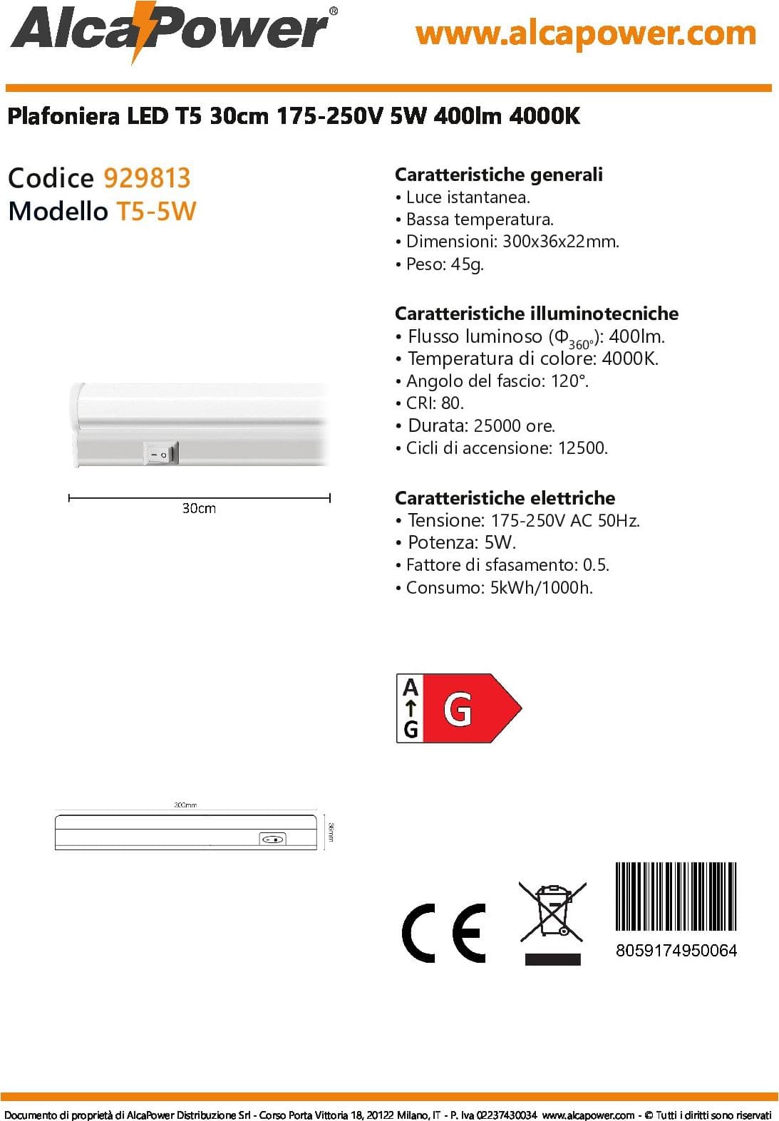 Alca Power T5 da 30cm 5W 220V 400lm 4000K plafoniera reglette a led - 5
