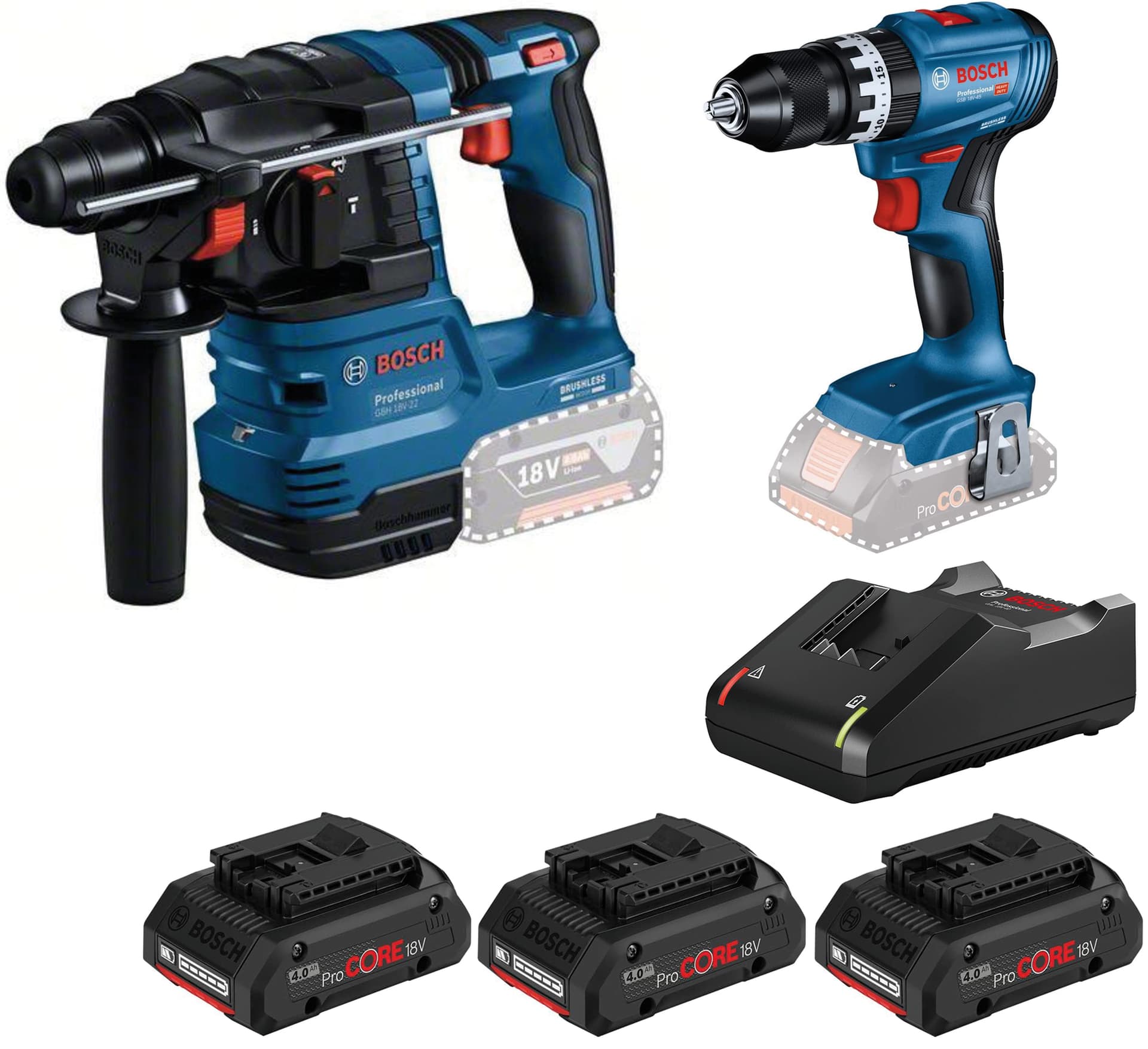 Kit Martello Gbh 18 V 22 + Trapano Gsb 18 V 45 + Set Ricarica Bosch - 2