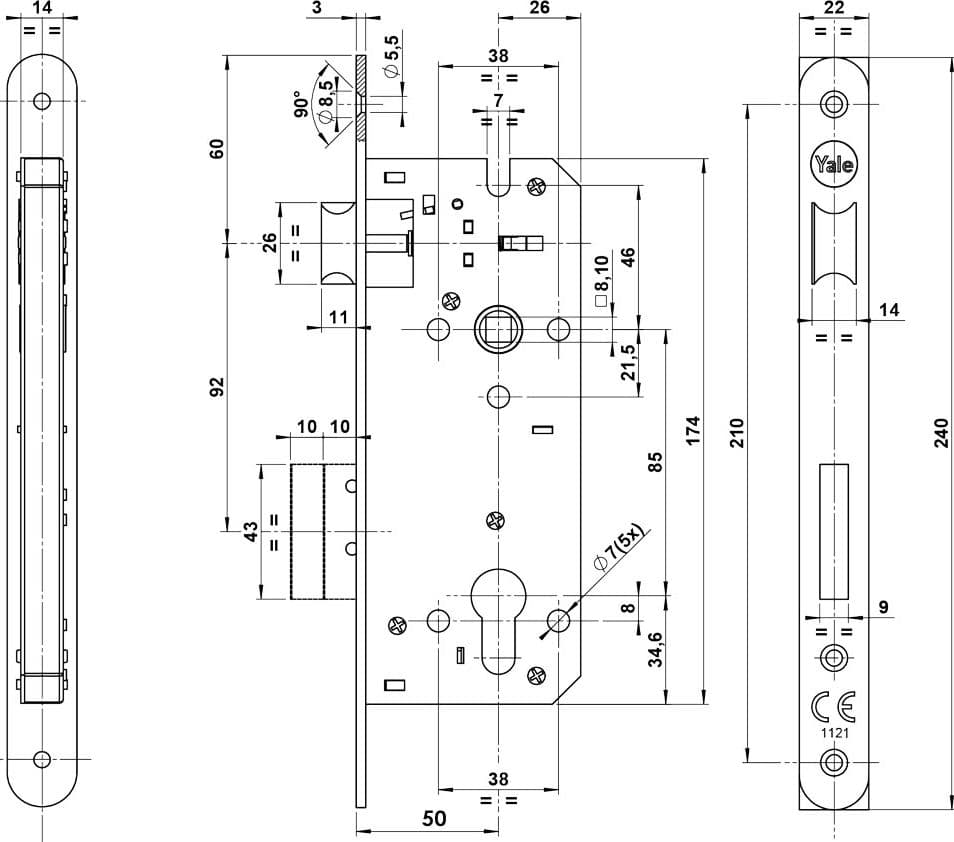 Serratura da Infilare per Porta Yale Legno Y52x E50 B.tondo Controp.ottone