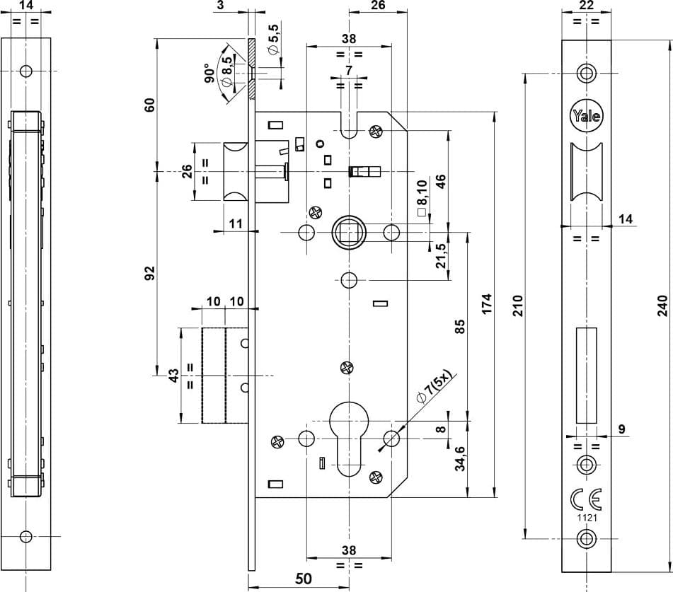 Serratura da Infilare per Porta Yale Legno Y52x E50 B.quadro Controp.ottone