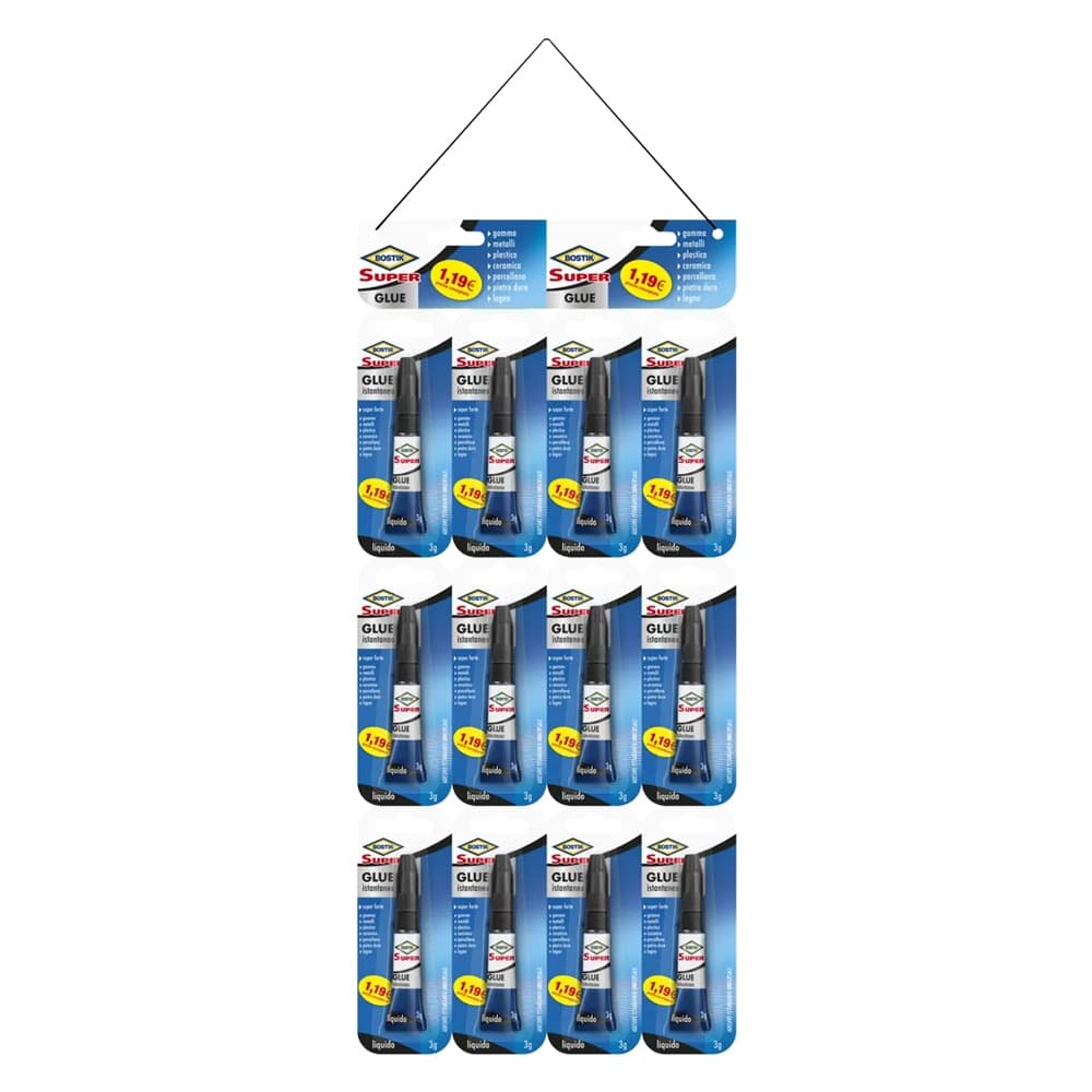 Adesivo Istantaneo (jumbocard) Bostik Super Glue 12 Blister in Cuoio 3 Gr