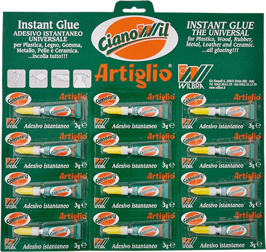 ADESIVO CIANOCRILATO 'ARTIGLIO CIANOWIL' gr.3 - 12 tubetti display appendib.  - WILBRA - 2