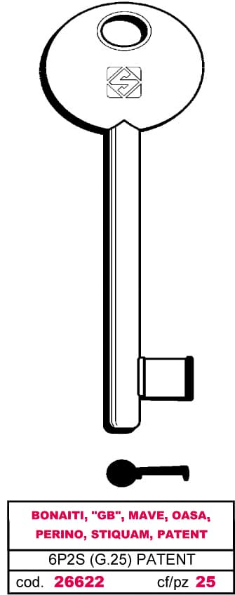 Chiave a Mappa 6P2S (g.vaz 0) Patent Bonaiti Ottone Lucido 5 Pezzi Silca - 2