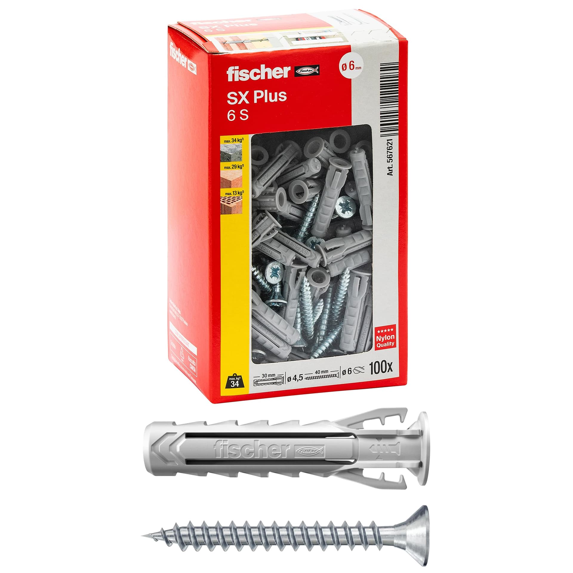 Tassello Sx Plus 6 S 100 Pezzi. Lunghezza Mm 30 Fischer