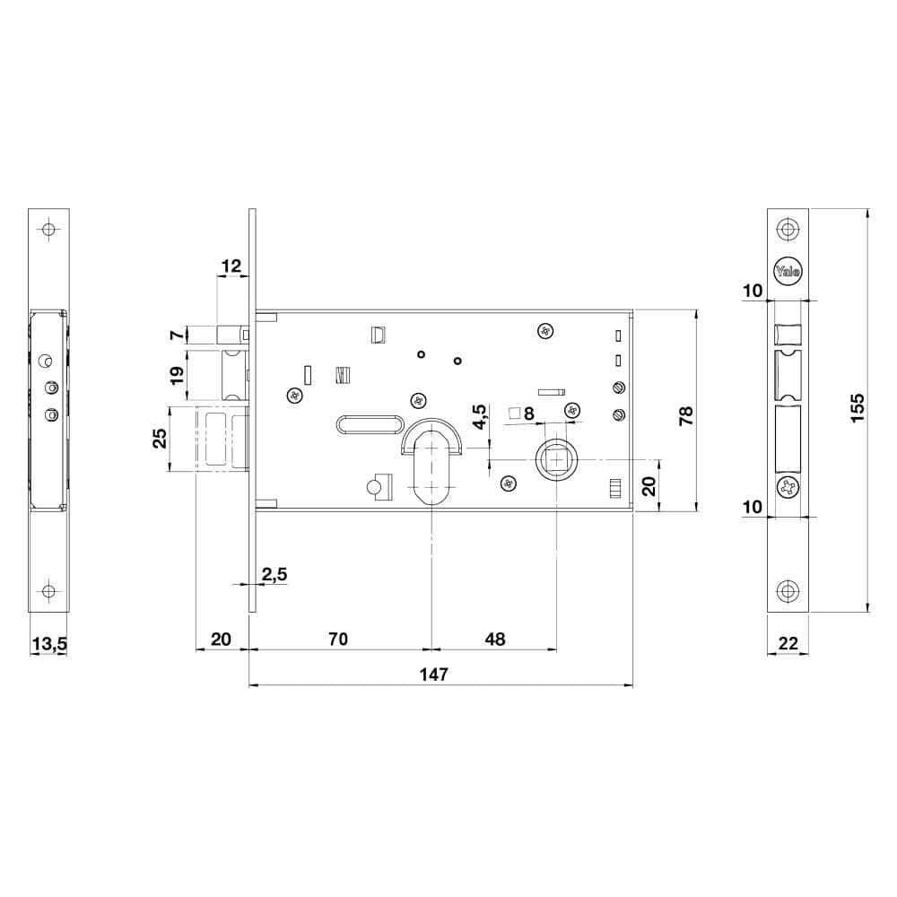 Serratura Elettrica da Fascia 857 E70 2 Mand.fr.22 Int. Yale in Alluminio 48 mm
