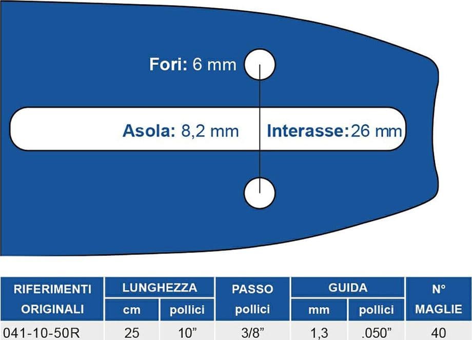 Barra per Motosega Maya 3/8 Sp.1,3 40 Magl.lungh. 041 25 cm