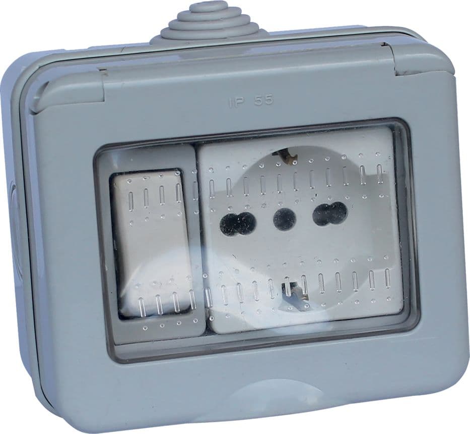 Contenitore Esterno Interruttore + Presa Schuko 1 Deviatore + 1 - 2