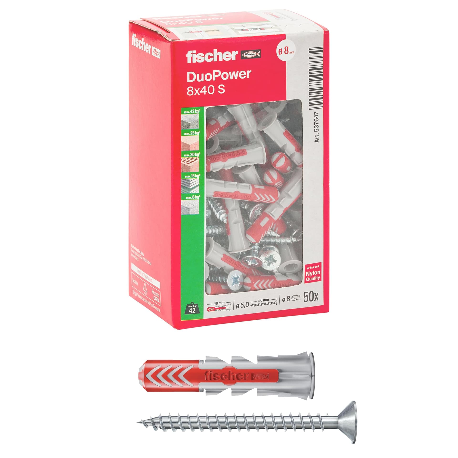 Tassello Bi Material con Vite Duopower Ø 8 mm MMX40 Fischer 50 Pezzi