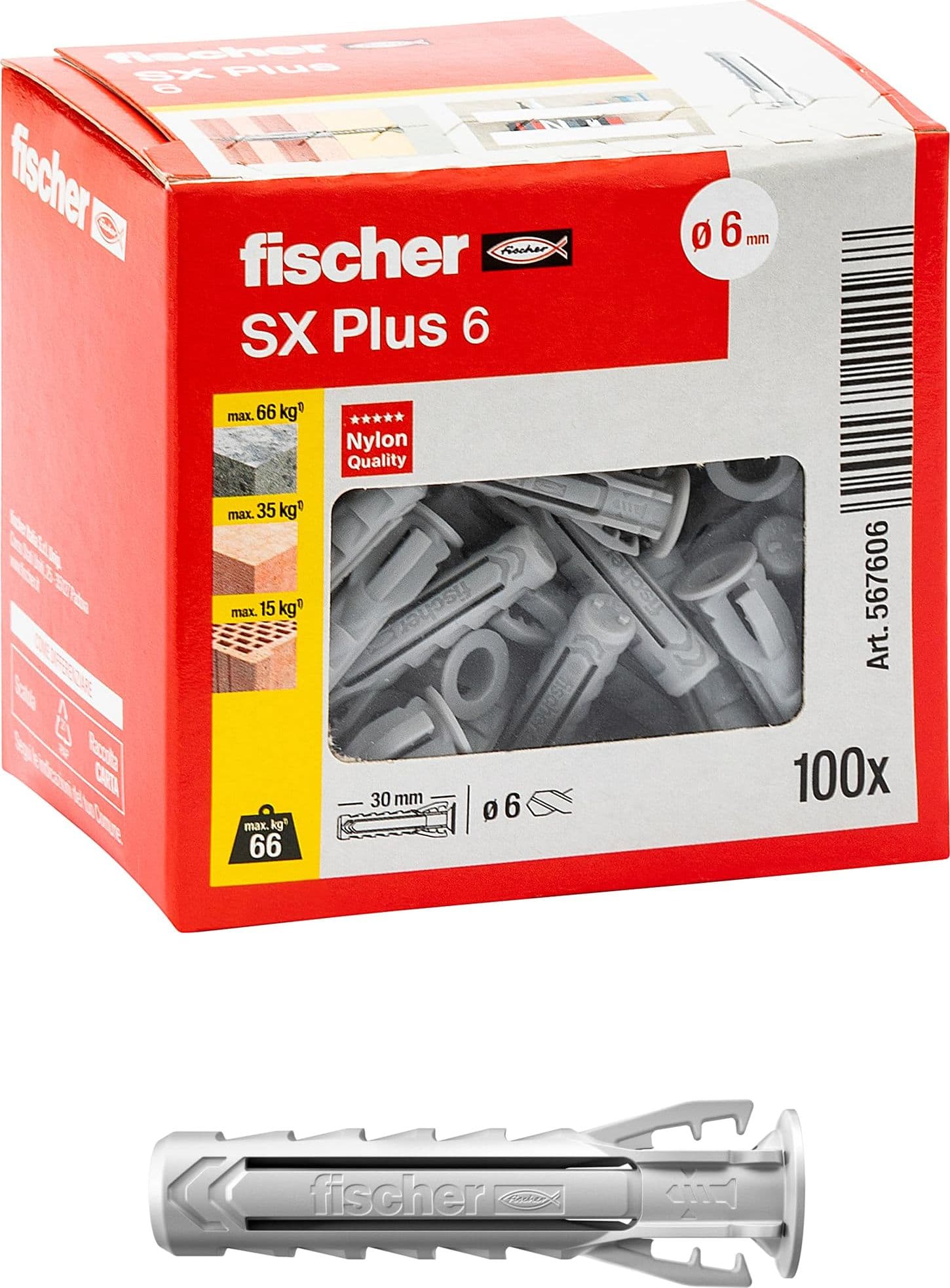 Tassello Sx Plus Ø 6 x 30 mm Fischer 100 Pezzi