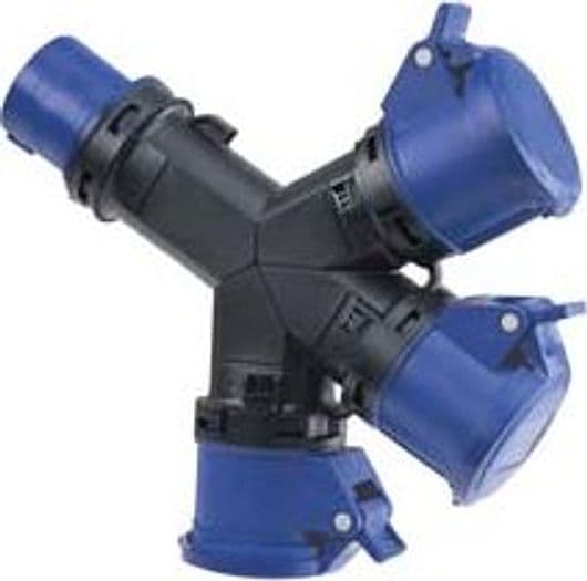 Adattatore Industriale con Spina Cee e Tre Prese Cee IP54 16A Blu