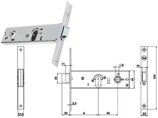 Serratura da Infilare per Fasce Catenaccio e Scrocco 44 mm H 87500 70 mm - 2
