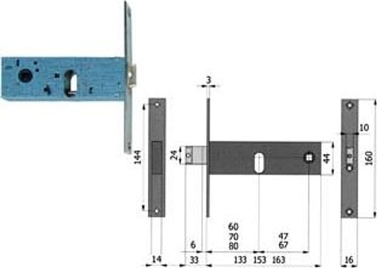 Serratura da Infilare per Fasce Catenaccio e Scrocco 44 mm H 60 Cod 110587 - 2
