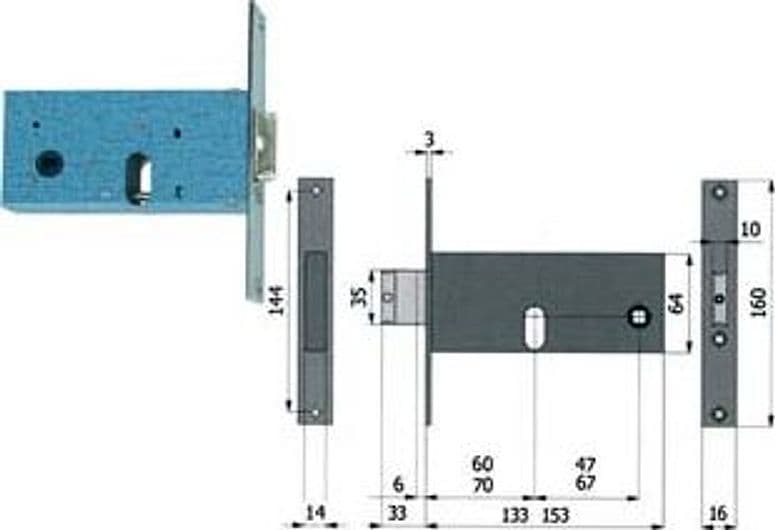 Serratura da Infilare per Fasce Catenaccio e Scrocco 64 mm H 60 mm - 2