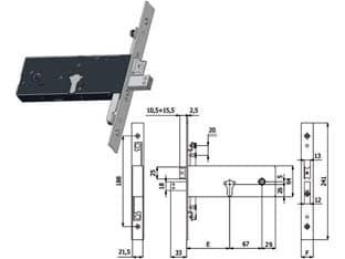 Serratura Triplice Infilare per Fasce Catenaccio e Scrocco 64 mm H 110 mm - 2