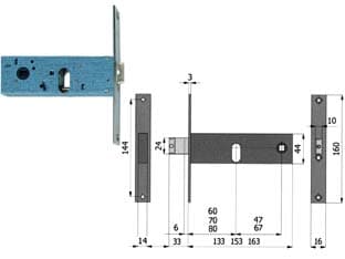 Serratura da Infilare per Fasce Catenaccio e Scrocco 44 mm H 70 Cod 100564 - 2