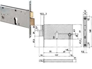 Serratura da Infilare per Fasce Catenaccio e Scrocco 77 mm H 44360 70 mm - 2