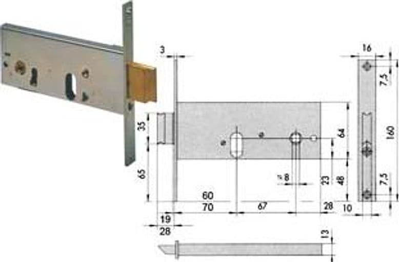 Serratura da Infilare per Fasce Catenaccio e Scrocco 64 mm H 44155 60 mm - 2