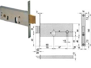 Serratura da Infilare per Fasce Catenaccio e Scrocco 64 mm H 44155 70 mm - 2